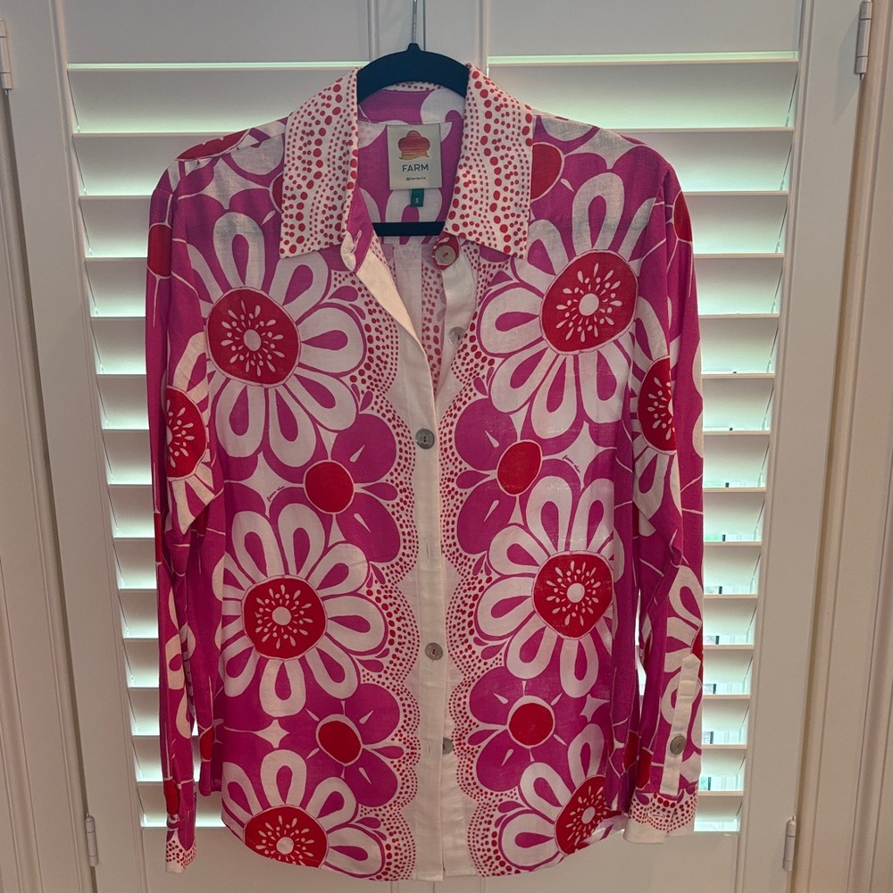 FARM Rio Pink and Red Floral Button Down Shirt